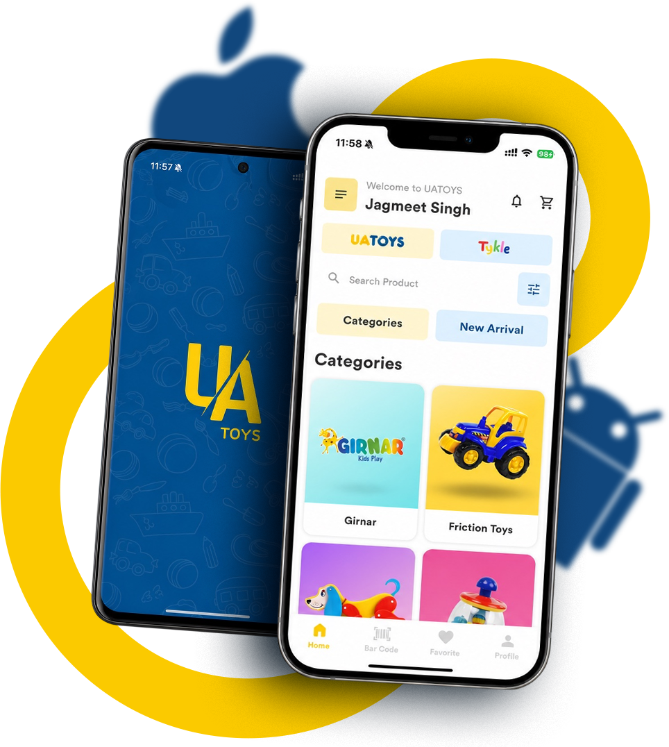 UA Toys mobile app shown on Android and iPhone